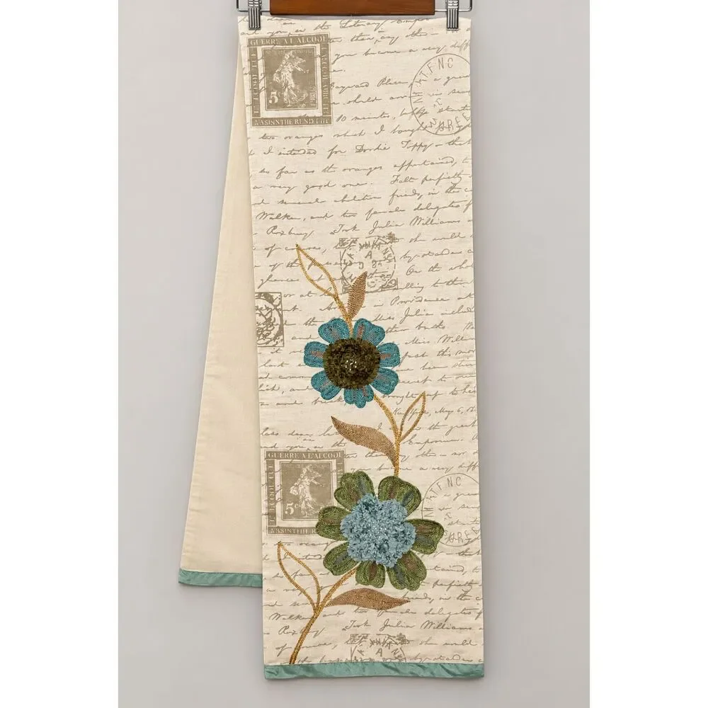 Pier 1 Imports 72x13 Embroidered Floral Table Runner Teal Cottagecore Decor